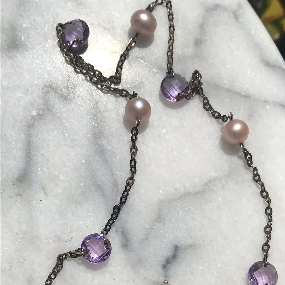 14k Pearl and Amethyst necklace. JCM (Jacmel Mauritius). 24”. ⭐️Host Pick✅